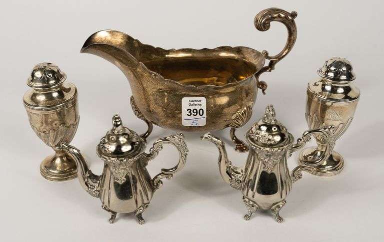 STERLING AND SILVER PLATE SHAKERS, SAUCE BOAT