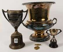 THREE SILVER PLATE TROPHIES & MEDAL