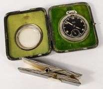 POCKET WATCH IN STERLING FRAME AND "CLOTHES PIN" CLOCK