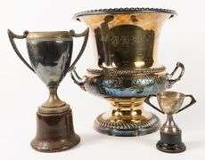THREE SILVER PLATE TROPHIES & MEDAL