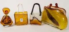 THREE ART GLASS "PURSE" VASES & SCENT BOTTLE