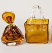 THREE ART GLASS "PURSE" VASES & SCENT BOTTLE