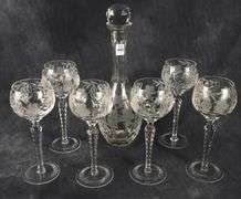 ETCHED CRYSTAL DECANTER & HOCK GLASSES