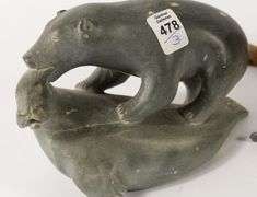TWO INUIT SOAPSTONE CARVINGS & CEDAR CARVING