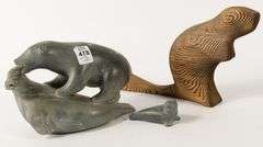 TWO INUIT SOAPSTONE CARVINGS & CEDAR CARVING