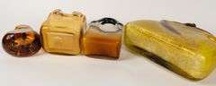 THREE ART GLASS "PURSE" VASES & SCENT BOTTLE