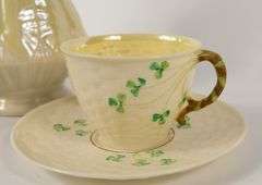 BELLEEK VASE, CUPS & SAUCERS