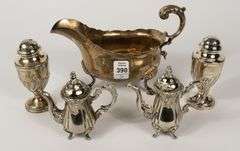 STERLING AND SILVER PLATE SHAKERS, SAUCE BOAT