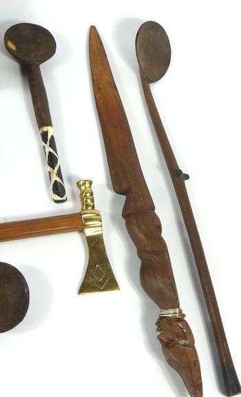 WOODEN UTENSILS, LEATHER BOX, ETC.