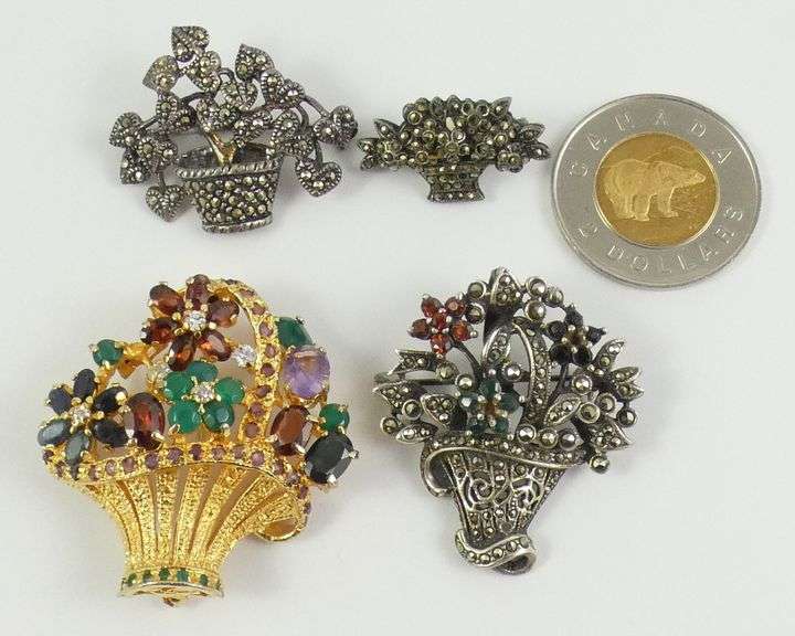 4 VINTAGE "FLORAL BASKET" BROOCHES