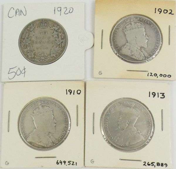9 CANADIAN SILVER 50-CENT COINS