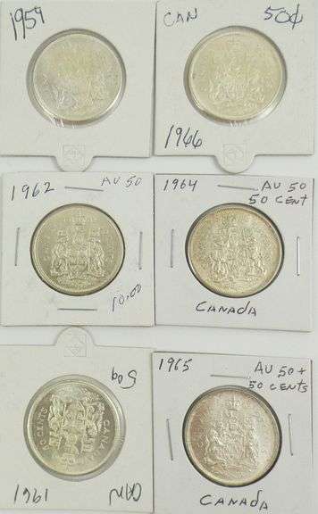 6 CANADIAN SILVER 50-CENT COINS