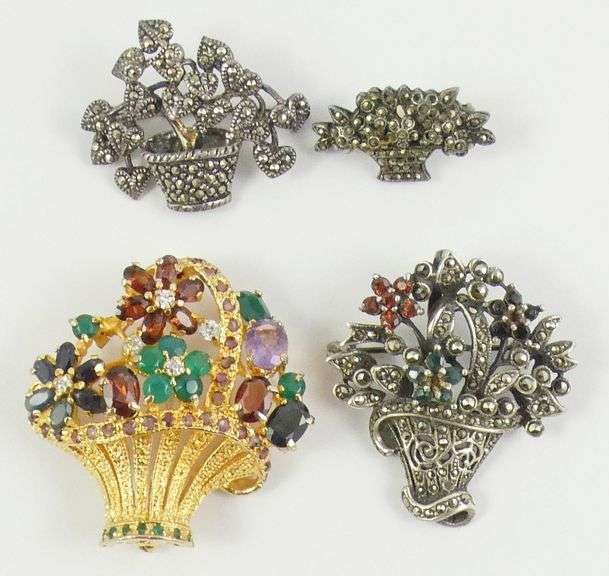 4 VINTAGE "FLORAL BASKET" BROOCHES