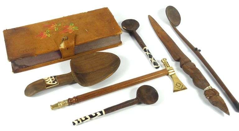 WOODEN UTENSILS, LEATHER BOX, ETC.