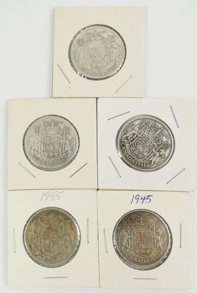 5 CANADIAN SILVER 50-CENT COINS