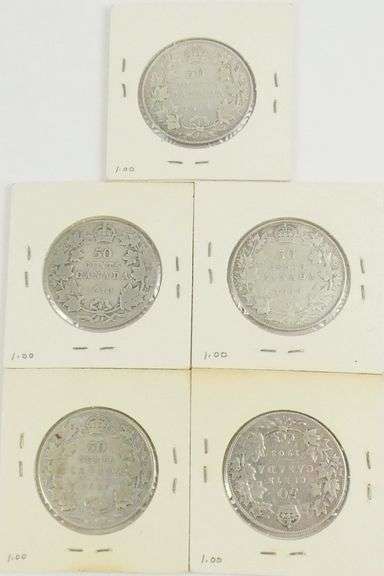 9 CANADIAN SILVER 50-CENT COINS