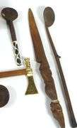 WOODEN UTENSILS, LEATHER BOX, ETC.