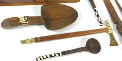 WOODEN UTENSILS, LEATHER BOX, ETC.