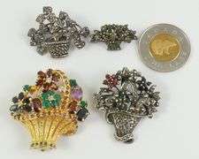 4 VINTAGE "FLORAL BASKET" BROOCHES