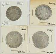 9 CANADIAN SILVER 50-CENT COINS
