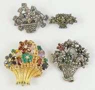 4 VINTAGE "FLORAL BASKET" BROOCHES