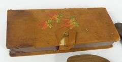 WOODEN UTENSILS, LEATHER BOX, ETC.