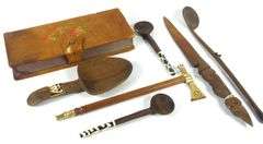 WOODEN UTENSILS, LEATHER BOX, ETC.
