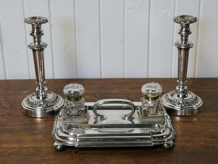 ANTIQUE INKSTAND AND CANDLESTICKS