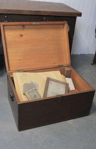 ANTIQUE PINE BOX AND CONTENTS