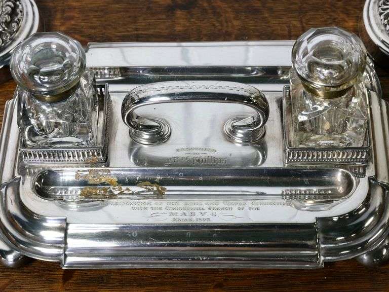 ANTIQUE INKSTAND AND CANDLESTICKS