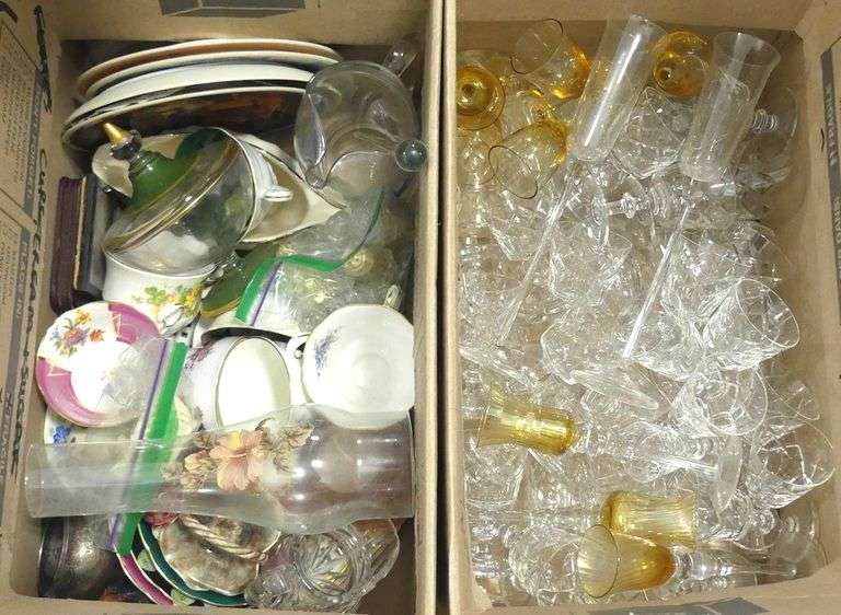 TWO BOX LOTS OF CRYSTAL, GLASSWARE AND CHINA