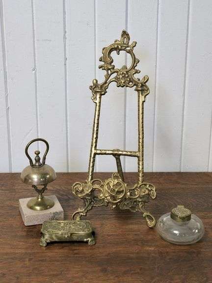 BRASS EASEL, BELL, ETC.