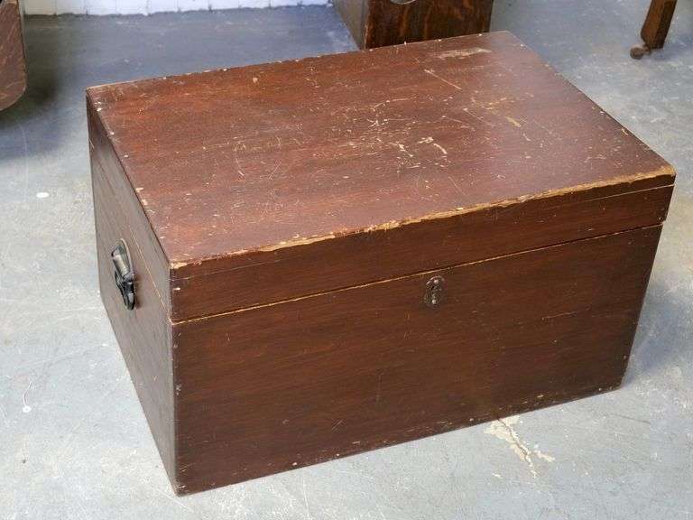 ANTIQUE PINE BOX AND CONTENTS
