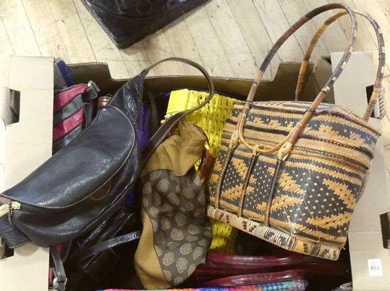 BOX LOT OF PURSES AND SCARF