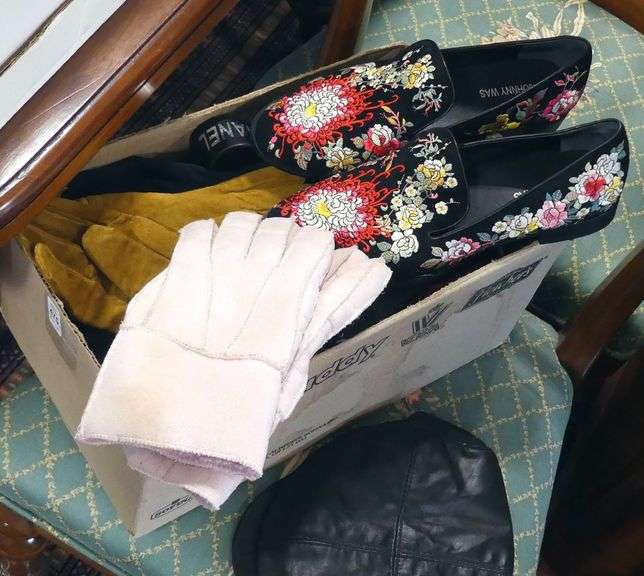 BOX LOT OF BELTS, GLOVES, SHOES AND HAT