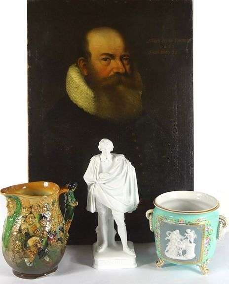 FIGURINES, ANTIQUE PORCELAIN & EARLY PORTRAIT PAINTINGS
