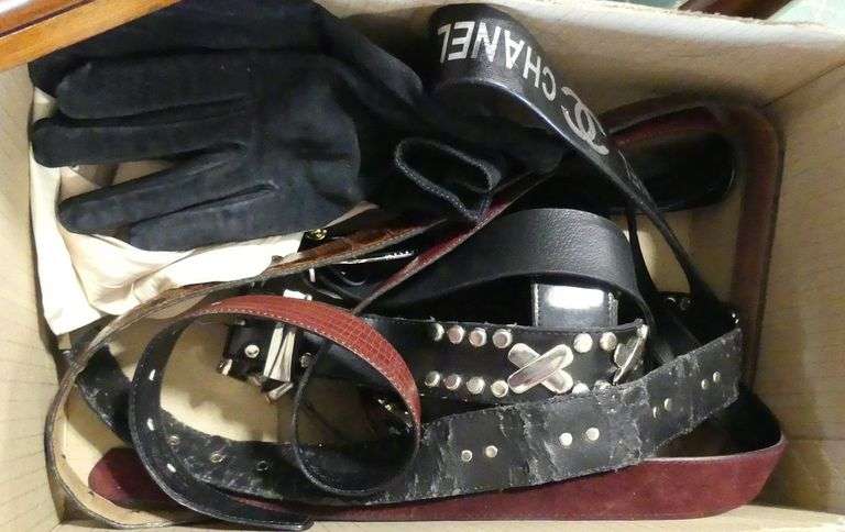 BOX LOT OF BELTS, GLOVES, SHOES AND HAT