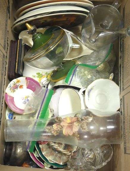TWO BOX LOTS OF CRYSTAL, GLASSWARE AND CHINA