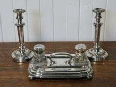 ANTIQUE INKSTAND AND CANDLESTICKS