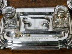 ANTIQUE INKSTAND AND CANDLESTICKS