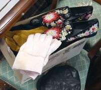 BOX LOT OF BELTS, GLOVES, SHOES AND HAT