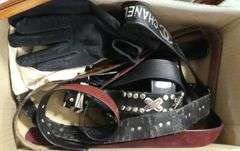 BOX LOT OF BELTS, GLOVES, SHOES AND HAT