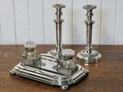 ANTIQUE INKSTAND AND CANDLESTICKS