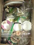 TWO BOX LOTS OF CRYSTAL, GLASSWARE AND CHINA