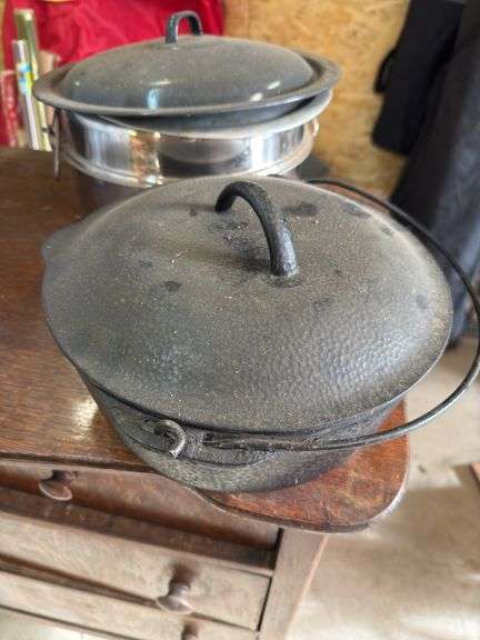 Cast and other pot, coffee maker, Coleman camp stove etc