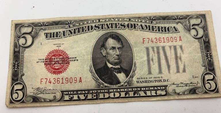 1928 red seal $5 bill