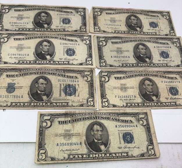 7 $5 silver certificates- one 1934 series