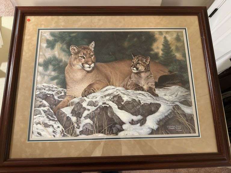 Charles Fracé cougar and cub framed 34x26