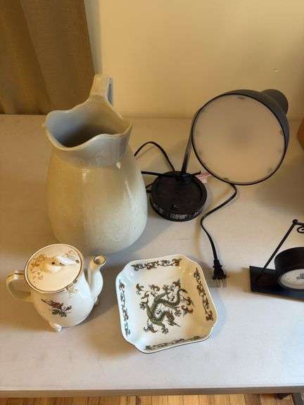 Clock, pitcher, lamp etc