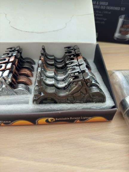 Harley Davidson lighters, drink glasses